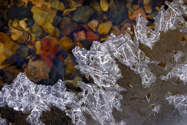 Ghiaccio Ghiacciato Sul Torrente Torrente Con Pietre Rocce Umide — Foto Stock