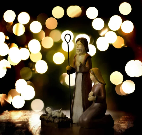 Christmas Nativity Scene Baby Jesus Mother Mary Joseph Lights — Stock Photo, Image