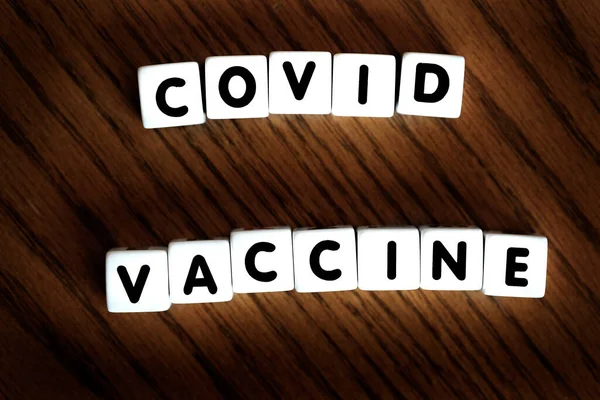 Covid Vaccine Words Block Letters Dice Cure Pandemic — Stock Photo, Image