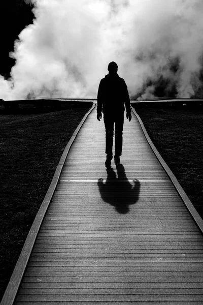 Silhouette Single Tourist Walking Boardwalk Steam Rising — Stock Photo, Image