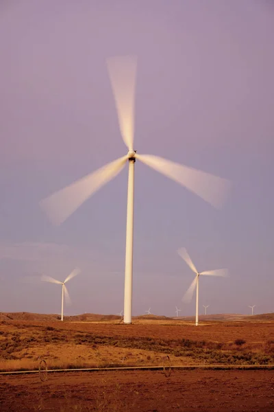 風力発電機は日没時や日の出時に急速に回転する — ストック写真