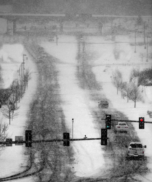 Driving in Winter Snow Storm on Streets in Town — Stock Photo, Image