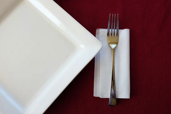 Plate Red Table Cloth Fork Napkin Setting — Stock Photo, Image