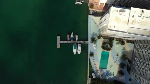 Miami Beach Condo Scene Aerial Video Facing Pools Bay — Stock Video