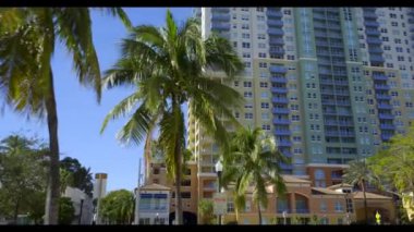 Palmiye ağaçları ve Miami Sahili 'ndeki apartman daireleri hareket kameraları sabit.