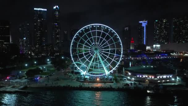 Stijgende Luchtclip Miami Skyviews Ferris Wiel Aan Bakboord — Stockvideo