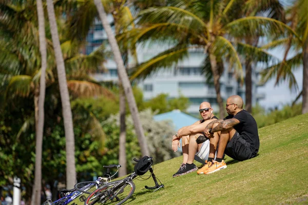 2021年1月30日 アメリカ フロリダ州マイアミビーチ 男たちが芝生の丘の上に座り マイアミビーチのシーンストリート写真を語る — ストック写真