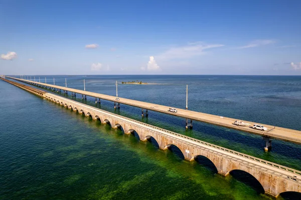 Repülőgép Drón Fotó Florida Keys Híd Felett Zátony Víz — Stock Fotó