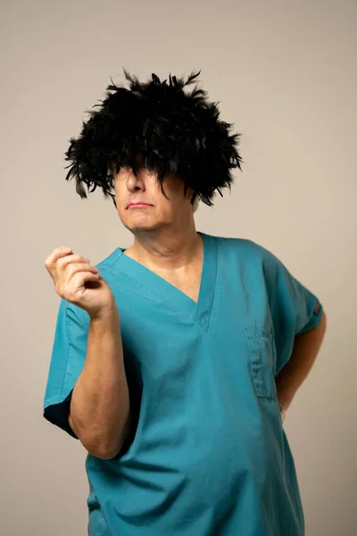 Lgbt Transgender Man Woman Nurse Crazy Feather Wig — Stock Photo, Image