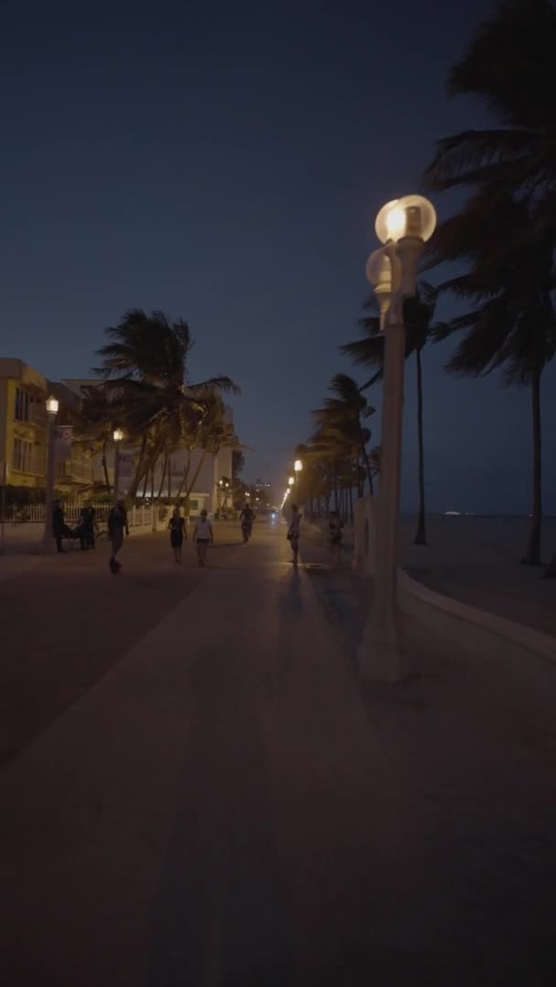 Vídeo Vertical Nocturno Hollywood Beach Boardwalk Destino Turístico — Vídeos de Stock