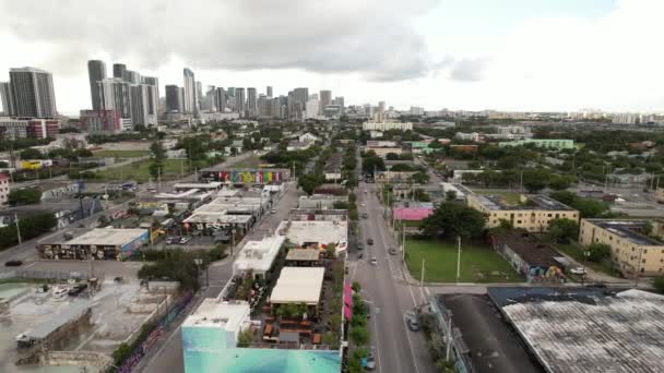 Imágenes Aéreas Aviones Tripulados Miami Wynwood Escena Ciudad — Vídeos de Stock