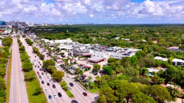 Miami, FL, USA - October 7, 2025: Aerial tour Pinecrest Miami Florida. View of a shopping plaza with parking lot