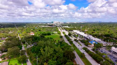 Miami, FL, USA - October 7, 2025: Residential neighborhoods in Pinecrest Florida. Aerial view of shopping centers and single family homes