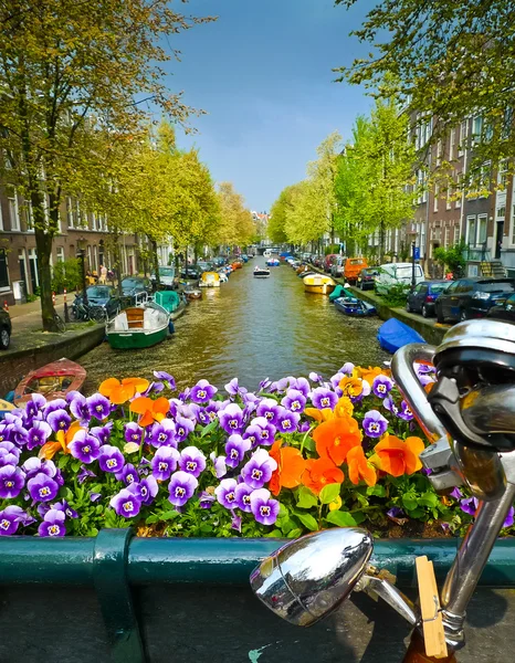 Bicicleta y flores en un puente en Amsterdam — Foto de Stock