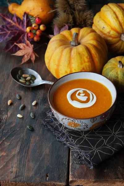 Pumpkin soup and autumn decor — Stock Photo, Image