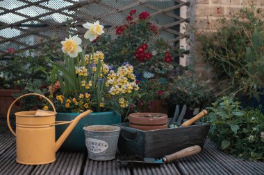 Baharda bahçedeki terasta bahçe aletleri ve çiçekler