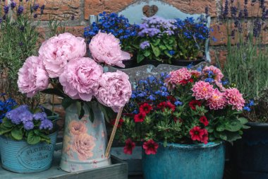 Vazoda güzel şakayıklar, evin yanında çiçek dekoru.