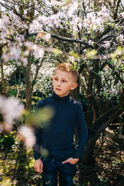 Draußen Porträt Ernster Kleiner Junge Frühling Einem Blühenden Frühlingsgarten — Stockfoto