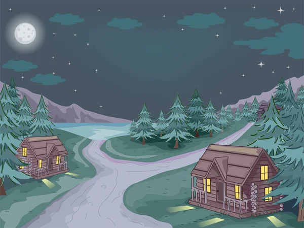 Log Cabin Village at Night — Stockfoto