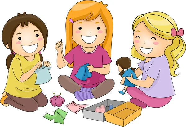 Girls Sewing Doll Clothes — Stock Photo, Image
