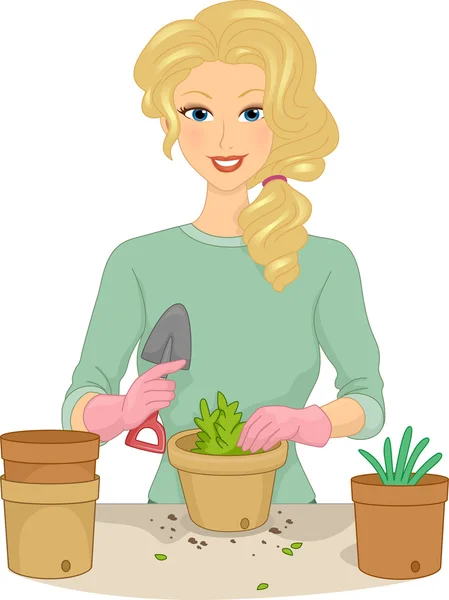 Dívka, výsadba rostlin v květináči — Stock fotografie