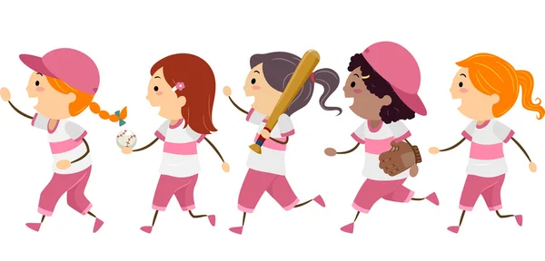 Meisjes in Baseball versnelling wandelen — Stockfoto