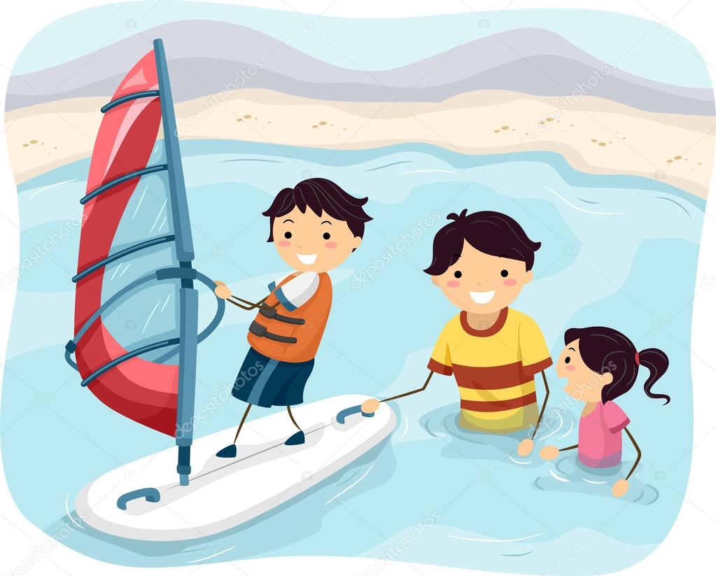 Father Teaching Kids Windsurfing Stock Illustration by ©lenmdp #58949089, image size:1023x823