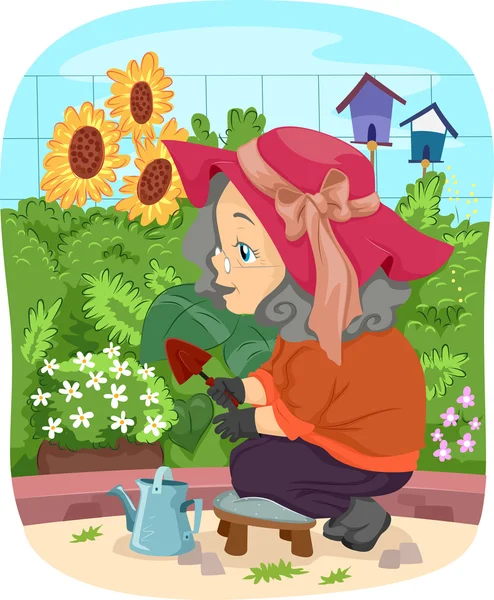 Starszy kobieta ogrodnictwo kwiaty — Zdjęcie stockowe