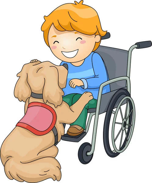 Niepełnosprawnych chłopiec bawi się pies pomocy — Zdjęcie stockowe