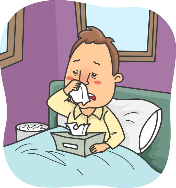Uomo con naso che cola bloccato a letto — Foto Stock
