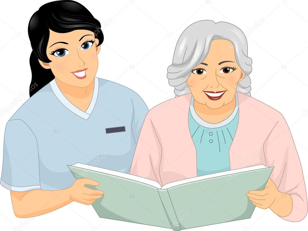 Nurse and Senior Woman Reading Book