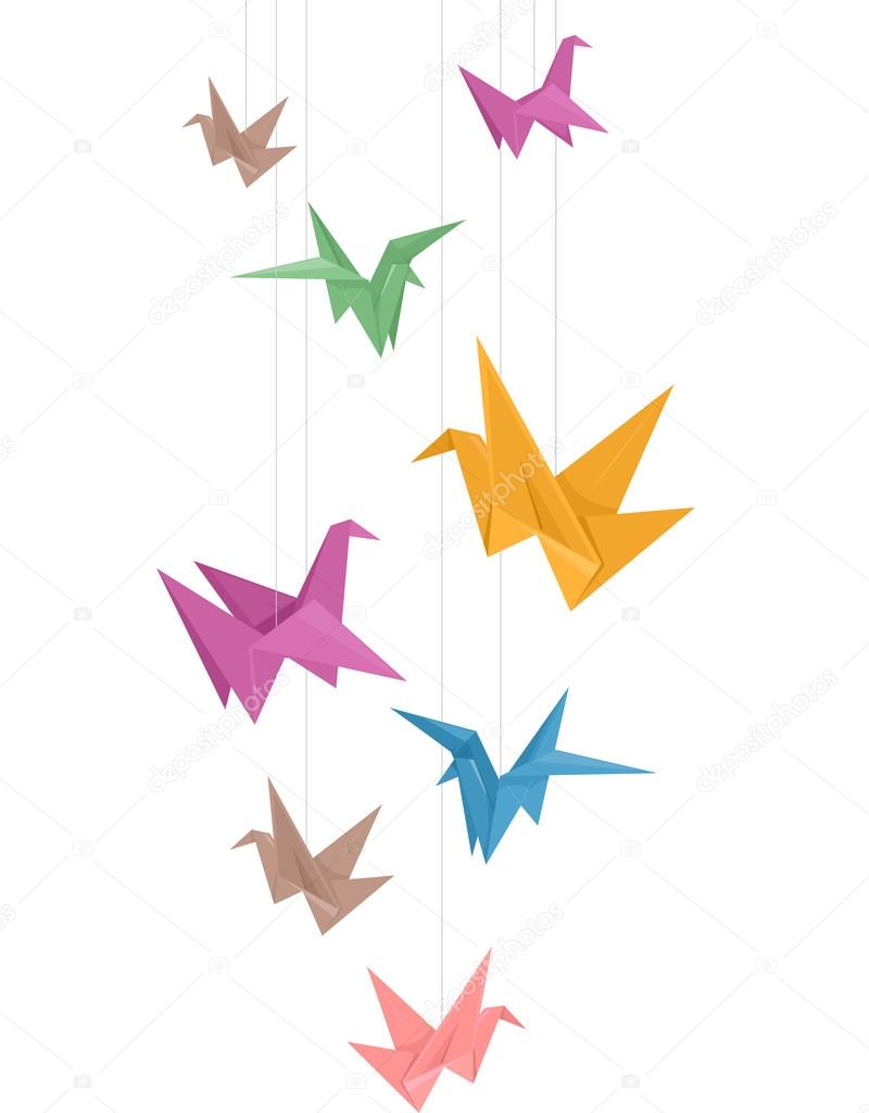 Red origami paper cranes handing on with string Stock Photo