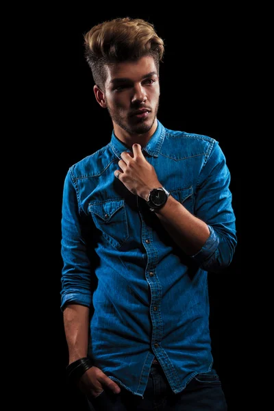 Fashionable boy wearing denim posing with hand in pocket — Stock Photo, Image