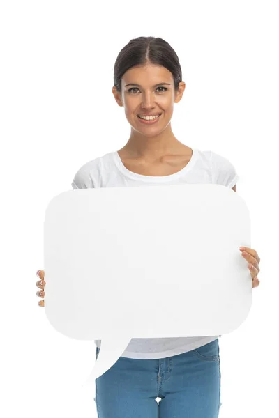 Positive Casual Woman Smiling Holding Speech Bubble While Standing White — Stock Photo, Image