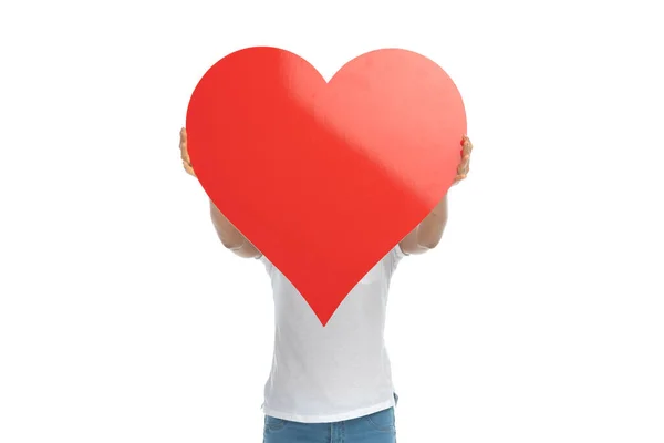 Young Casual Woman Covering Her Face Hearth Shape Standing White — Stock Photo, Image