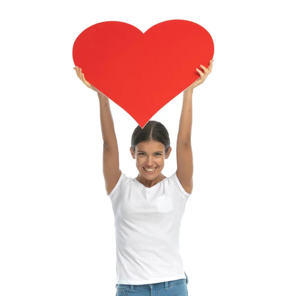 Cheerful Casual Woman Holding Heart Shape Her Head While Standing — Stock Photo, Image