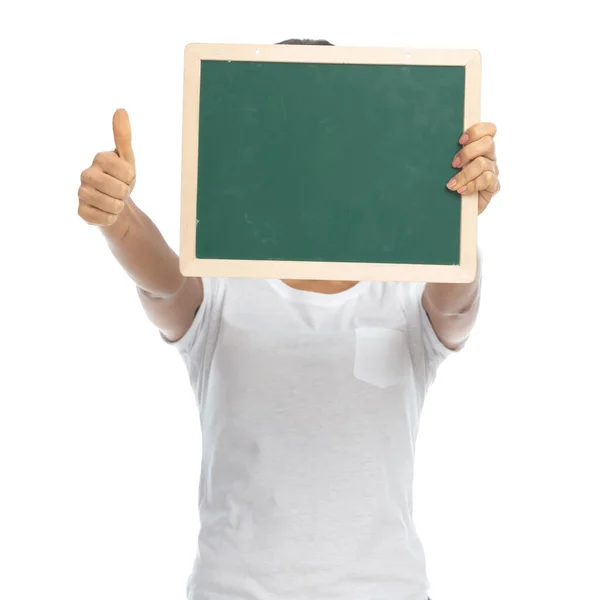 Positive Casual Woman Covering Face Blackboard Gesturing While Standing White — Stock Photo, Image