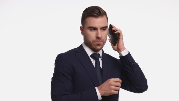 Young Fashion Model Wearing Navy Blue Suit Holding Phone Calling — Stock Video