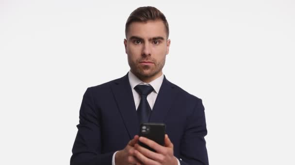 Young Businessman Wearing Navy Blue Suit Pointing Finger Head Negatively — Stock Video