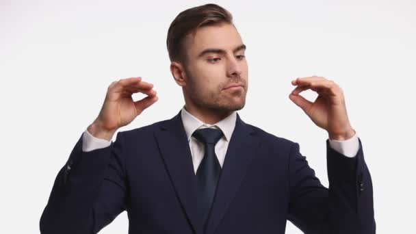 Young Businessman Wearing Navy Blue Suit Holding Arms Talking Hands — Stock Video