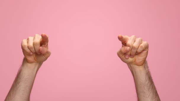Man Hands Pointing Fingers Making Thumbs Gesture Pink Background Studio — Stock Video
