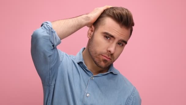 Sexy Young Casual Man Denim Shirt Getting Fingers Hair Holding — Stok Video