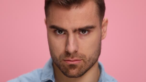 Handsome Guy Denim Shirt Moving Head Posing Holding Finger Mouth — Stok video