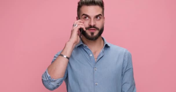 Casual Handsome Man Talking Phone Laughing Giving Thumbs Pink Background — Stock video