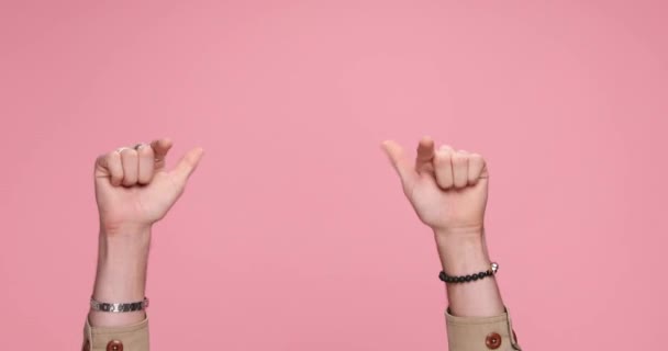 Two Hands Showing Palms Pointing Camera Giving Thumbs Clapping Pink — 图库视频影像