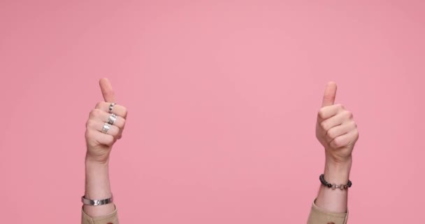 Two Hands Showing Palms Giving Thumbs Celebrating Succes Clapping Pink — 图库视频影像
