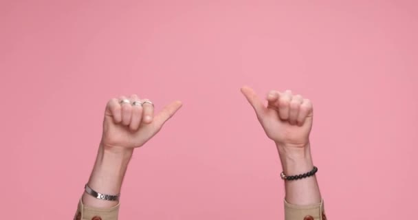 Two Hands Gesturing Hey You Give Five Pink Background — Vídeo de stock
