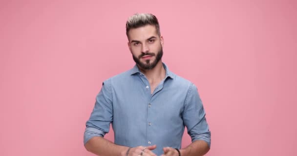 Young Casual Man Rubbing His Palms Crossing Arms Smiling Camera — Stock videók