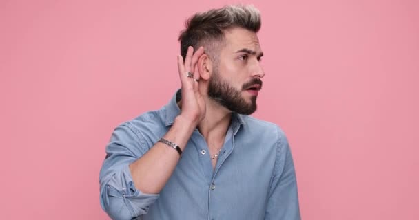 Young Casual Man Leaning Hear Better Feeling Disappointed Crazy Things — Stock Video