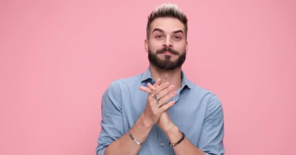 Casual Excited Man Rubbing His Palms Raising His Fists Celebrating — Αρχείο Βίντεο